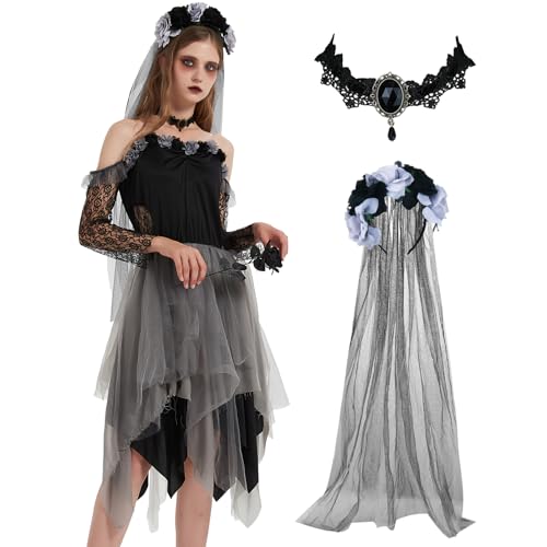 Ulikey Disfraz de Novia Zombie para Mujer - Vestido Halloween con Velo y Collar - Traje de Novia Cadáver Fantasma para Carnaval Cosplay Fiestas (L)