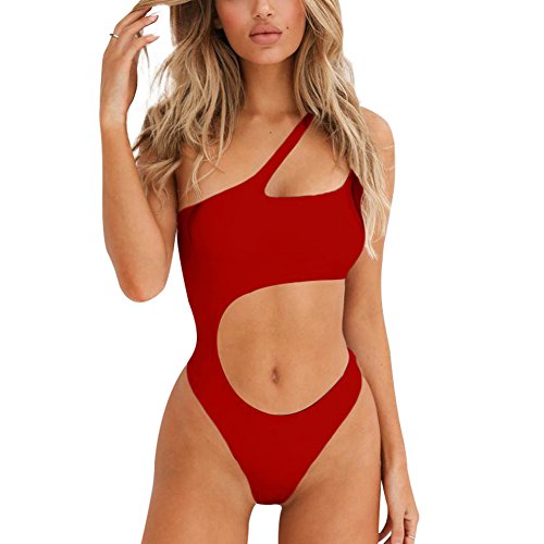 Susupeng Women's One Shoulder Hollow Out Bikini Fitness One Piece Sexy Swimsuit High Cut Bathing Suit (Small, Red)