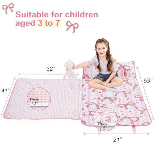 Image of Viviland Toddler Nap Mat, Rolled Sleeping Mats with Pillow and Minky Dot Blanket for Girls, Kids Slumber Bag Nap Mat for Preschool, Daycare, Kindergarten, Travel Camping - Pink Bow