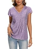 MINTLIMIT Women's Sparkle Sequin Tops Shimmer Glitter Loose Cap Sleeve Party Tunic Dressy Tops (Light Violet, Size XL)