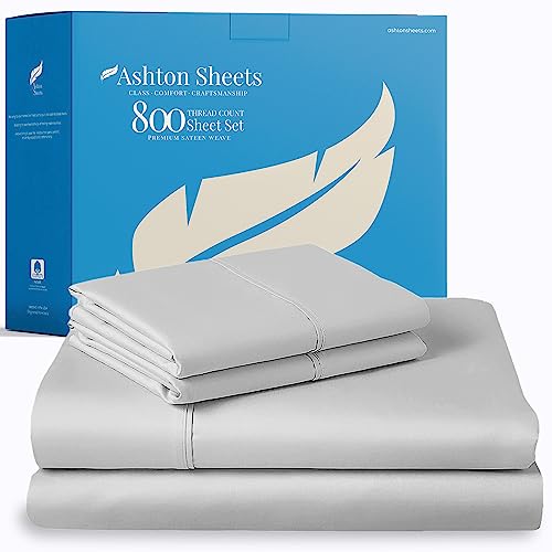 Ashton Sheets 100% Egyptian Cotton Bed Sheets - 800 Thread Count 4-Piece Silver California King Sheet For Cal King Size Bed, Sateen Weave, Luxury Hotel Sheets, Fits Mattress Upto 18" Deep Pocket #TOP9