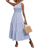 Picture of BTFBM 2025 Summer One Shoulder Dresses for Women Casual Sleeveless High Waist Floral Flowy Smocked Boho Beach Maxi Dress(Solid Light Blue, Large)