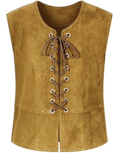 Kids Pirate Renaissance Vest for Boys Costumes Medieval Viking Steampunk Gothic Waistcoat Halloween Cosplay 10-11Years Khaki