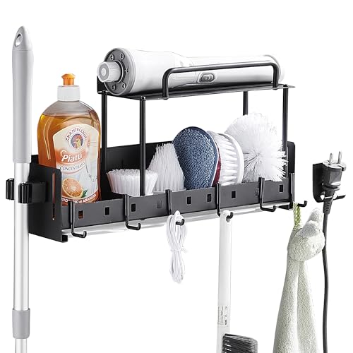 Support 2-en-1 Brosse Électrique – Mur/Plan Travail, Bac Anti-Gouttes, Crochets Réglables & Pince Manche Long (Aluminium) – Installation sans Trace & Compact