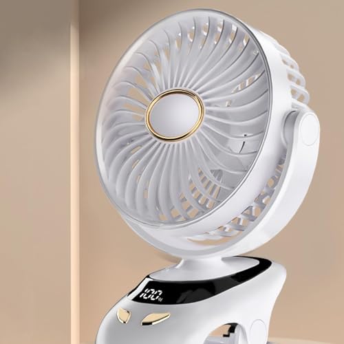 Image of voltmi Clip-On Desk Fan with 3000mAh Battery | Type-C Rechargeable, 5-Speed, Digital Display | 6-Inch Blade, 90 Adjustable, Night Light | Table & Bed Fan for Home & Office | White