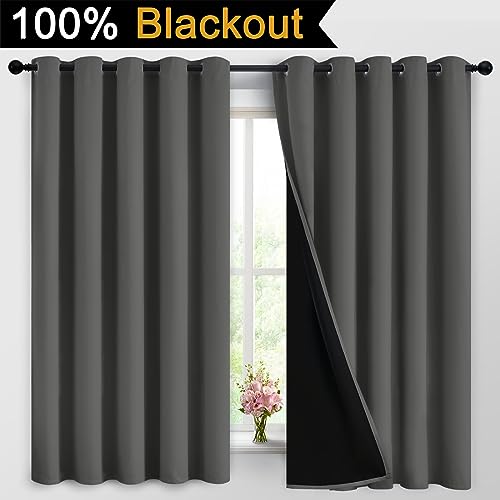 Image of Yakamok Dark Grey 100% Blackout Curtains 63 Inches Long 62 inch Wide 2 Panels | Blackout Curtain Panels for Bedroom, 2 Thick Layers Grommet Top Thermal Insulated Drapes with Black Liner for Living Room