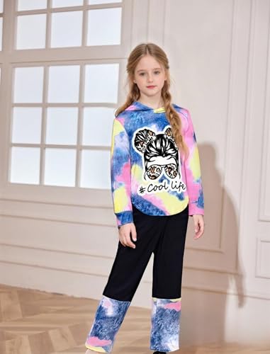 Image of Girls 2 Pcs Fall Winter Tie Dye & Leggings Outfits For Teens 5-14 | 2026 Girls Fashion Trendy, Long Sleeve Hoodie, Cool Life Print, Patchwork Pants, Back to School Holiday Tracksuit