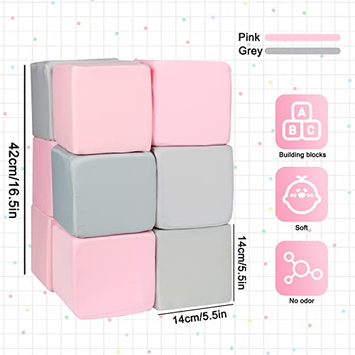 Trendbox Toddler Foam Cubes, 12 Pcs 5.5Inch Soft Foam Blocks With Detachable Washable Cover, Soft Stacking Blocks For Baby（Light Gray & Pink） #TOP1