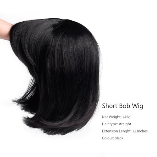 Image of Rose bud Black Wig Bob Straight 12 Inch Short Hair Cosplay Wigs for Women Costume Party Halloween