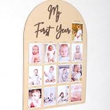 Rweseo One Year Wood Photo Board - My First Year Month Milestone Board, Girl/Boy 1st Birthday Decorations, 12 Months Banner