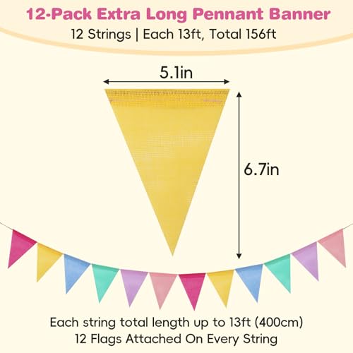Image of Pastel Pennant Banner Flags - 12 Strings 156ft Colorful Triangle Bunting Burlap for Birthday, Classroom, Graduation, Party, Carnival, Back to School & Outdoor Decorations