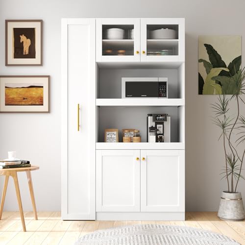 Image of Ball & Cast 71″Tall Freestanding Kitchen Pantry Cabinet with 2 Pull-Out Shelves,Versatile Farmhouse Pantry Storage Cabinet w /Pull-Out Storage Shelf and 4 Doors,for Kitchen and Dining Room,White