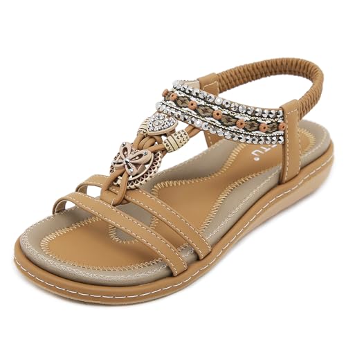 Acfoda Sandales Femme Été Confortable Plats Nu Pieds Cuir Tong de Plage Mode Claquettes Bout Ouvert avec Strass Marrón 40 EU = 41 CN