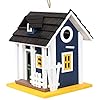 Sunnydaze Solar Hanging Outdoor Bird House - Charming Cottage Decorative Wooden Bird House with LED Solar Light - Pine Plywood Bird House for Small Birds - Midnight Blue - 9.25-Inch