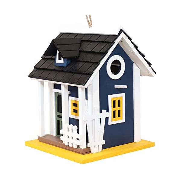 Sunnydaze Solar Hanging Outdoor Bird House - Charming Cottage Decorative Wooden Bird House with LED Solar Light - Pine Plywood Bird House for Small Birds - Midnight Blue - 9.25-Inch