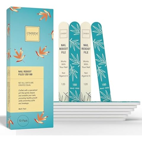Onsen Secret Japanese Nail File - Professional 10-Pack Nail Files, Double Sided Natural & Acrylic Nail Filers - 120/180 Grit - Disposable, Salon Smooth | Best Onsen Nail File for Shiny Nails Cover
