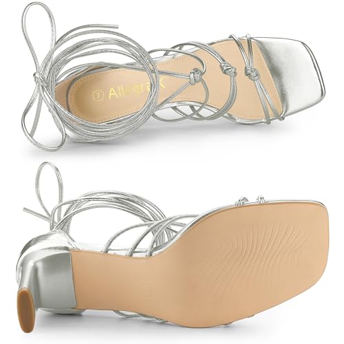 Allegra K Allegra K Women's Square Heel Lace Up Strappy Chunky High Heels Silver Sandals 10 M US