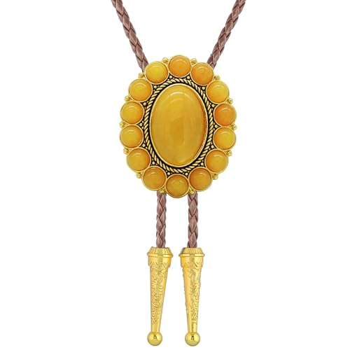 Image of GelConnie Gold Bolo Tie Necklace for Women Adjustable Big Stone Brown Cord | Yellow Oval Stone Bolo Tie Brown Leather Cord Southwestern Country Style Retro Costume Western Cowboy Necktie for Men Women