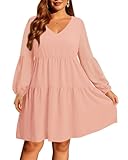 Pinup Fashion Women's Casual Long Sleeve Sun Dress Plus Size Blush Pink Loose Babydoll Tunic Short Flowy Cute Tiered Dresses