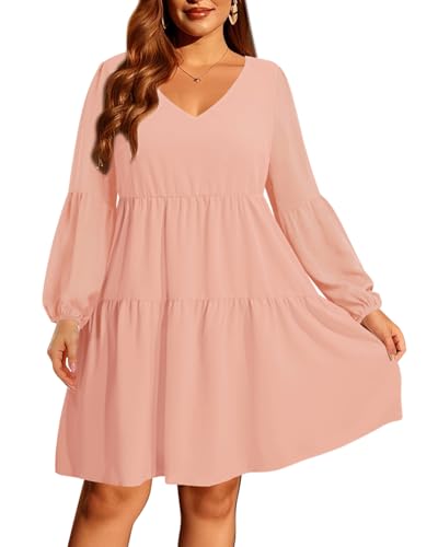 Pinup Fashion Women's Casual Long Sleeve Sun Dress Plus Size Blush Pink Loose Babydoll Tunic Short Flowy Cute Tiered Dresses