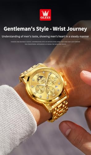 Image of OLEVS Chronograph Watches for Men Original Analog Quartz Black Stainless Steel Chain Luxury Dual Time Zone Moon Phase Date Waterproof Men's Wrist Watch