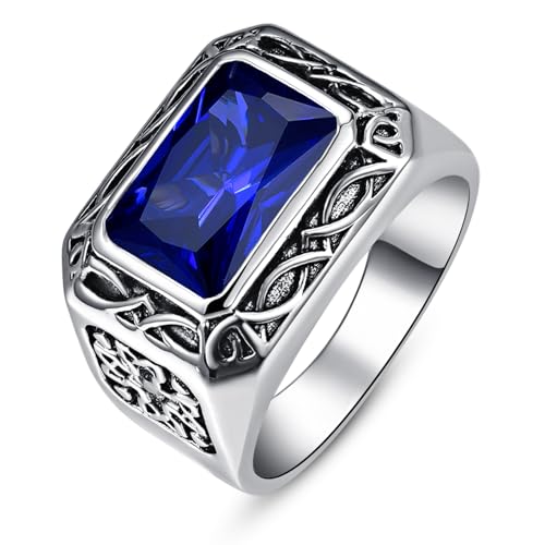 12x8mm Simulated Mens Gemstone Ring Stainless Steel Vintage Celtic Mens Ring, Blue|Red|Black Stone Signet Style Rings for Men Wedding Gift for Husband, Father, Grandpa Size 8-12