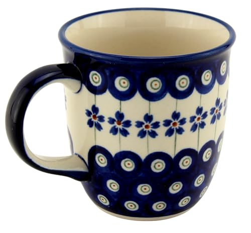 Polish Pottery Market 12 oz Mug with Handle – Hand-crafted Bolesławiec Polish Stoneware by Zakłady Ceramiczne – Made in Poland - Floral Peacock Pattern