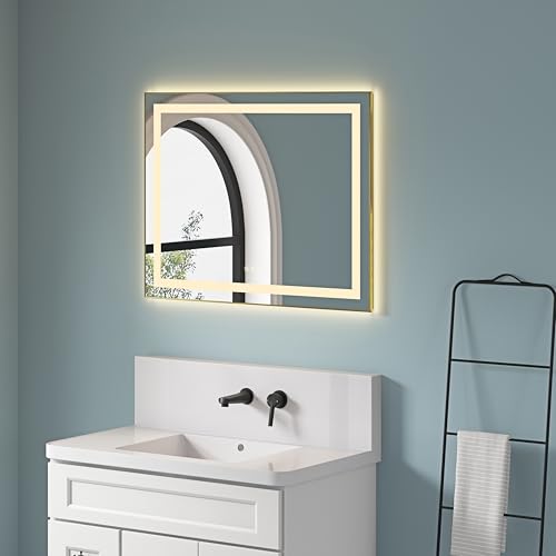 Wekuku 36/28 Inches Led Bathroom Mirror with Front & Backlight, Wall Mounted Vanity Mirror,-Fog, Memory, 3 Colors, Stepless Dimmable – Brushed Gold Aluminum Frame