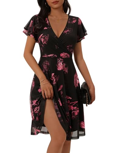 ZABERRY Petite Dresses for Women 5 ft Black Wedding Guest Dress Elegant Summer Wrap V Neck Fit and Flare A Line Mesh Corset Midi Date Formal Tea Party Bridal Shower Cocktail Womens Spring Dresses