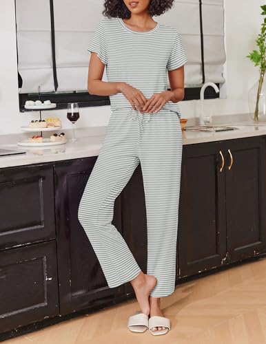 Image of Ekouaer 2 Pack Pajamas for Women Set Short Sleeve Sleepwear Top and Pants Pjs Soft Printed Lounge Sets with Pockets