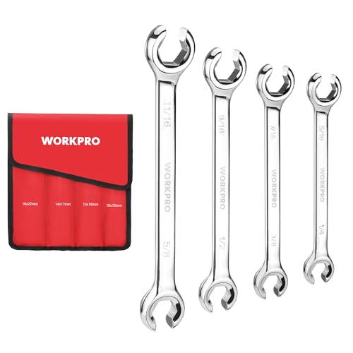 WORKPRO 4-Piece SAE Flare Nut Wrench Set | Cr-V Steel, 15° Offset Head, 8 SAE Sizes, Organizer Pouch Included, for Brake Lines, Tubing, and Automotive Repair