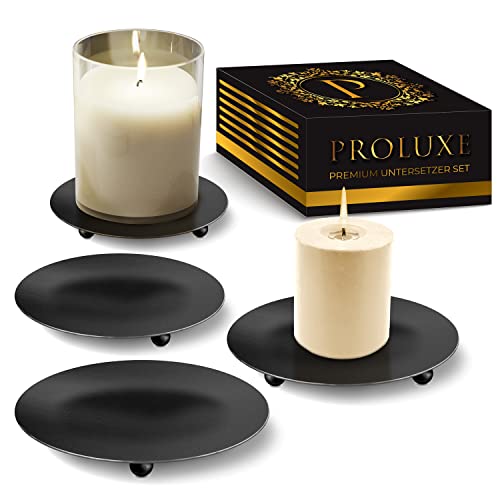PROLUXE ® Kerzenhalter Schwarz 4tlg. - Elegantes & Stilvolles Design - Kerzenständer aus hochwertigem Metall - Kerzenuntersetzer - Premium Qualität Kerzen Deko - 4er Set Kerzenteller - Geschenkartikel Cover