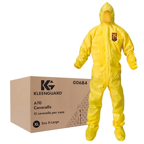 KleenGuard A70 Fabric Bound Seam Chemical Spray Protection Coverall with Hood and Boots, Disposable, Elastic Wrist, Yellow, X-Large (Pack of 12)