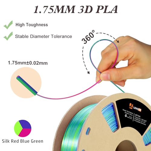 Image of LOVOON 3D Printer Filament, Tricolor PLA Filament 1.75mm Silk Rainbow Filament Green-Red-Blue, 3D Printing Accessories PLA Filament Multicolor, Dimensional Accuracy + /-0.02mm, 2.2lbs /Spool