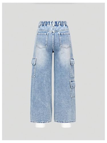 WDIRARA Girl's Rhinestone Elastic Waist Cargo Jeans Casual Baggy Wide Leg Denim Pants2