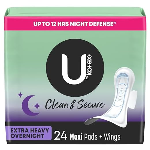 U by Kotex Clean & Secure Overnight Maxi Pads with Wings, Extra Heavy Absorbency, 24 Count (2 Packs of 12)