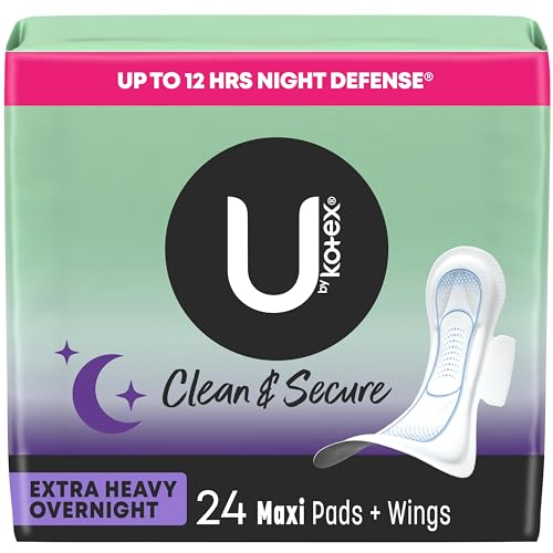 U by Kotex Clean & Secure Overnight Maxi Pads with Wings, Extra Heavy Absorbency, 24 Count (2 Packs of 12) (Packaging May Vary)