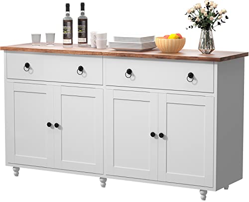 4 Ever Winner White Buffet Cabinet With Storage, 55" Modern Coffee Bar Cabinet With Storage Drawers, Kitchen Buffet Storage Cabinet Credenza Console Table Cupboard For Dining Living Room, White #TOP8