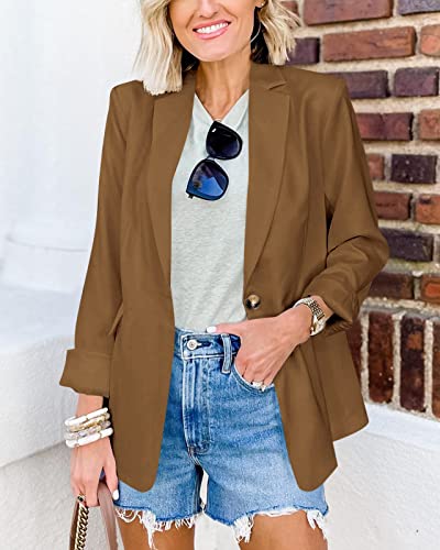 Newffr 2023 Women's Blazers Casual Open Front Long Sleeve Lapel Collar Work Office Jacket Summer Outwear Brown #TOP1