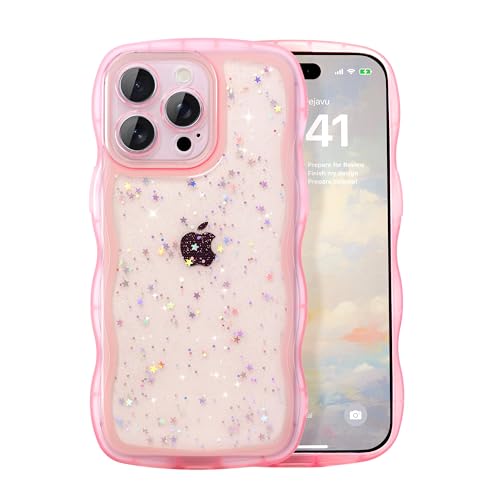 IAIYOXI Case for iPhone X - Curly Wave Edge Design, Bling Glitter Star Shiny Case, Cute Pink Clear Full Protection Soft TPU Shockproof Cover for Women and Girls (iPhone X, Pink)