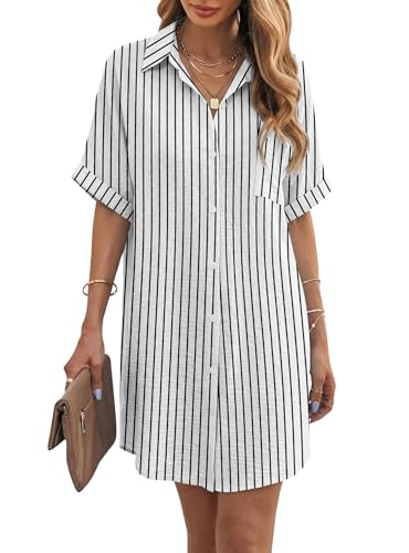 Angerella Womens Casual Short Sleeve Button Down Shirt Striped Beach Vacation Cruise Hawaiian Swim Suit Cover Up White 3XL