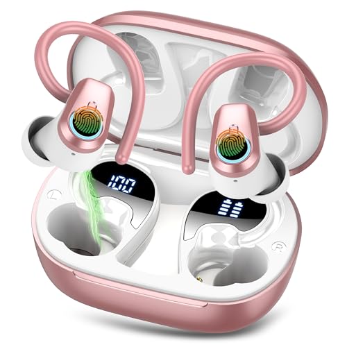 Poounur Wireless Earbuds, Bluetooth 5.4 Headphones with 4 ENC Noise Canceling Mic, 50H Stereo Sport Ear Buds with Earhooks, Dual LED Display Earphones, IP7 Waterproof Wireless Headphones, Pink Gold