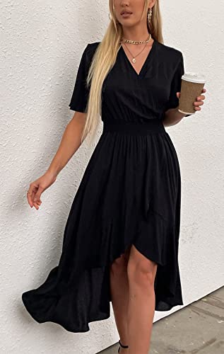 Kormei Women Short Sleeve V Neck Floral High Low Flowy Summer Party Long Maxi Dress Xl Black #TOP1