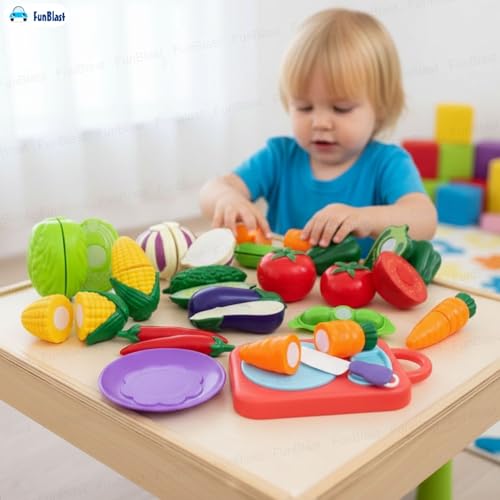 Image of FunBlast Vegetables Play Set Toys - 13 Pieces Realistic Sliceable Cutting Vegetable Pretend Play Kitchen Toys for Kids, Play Food Toys, Vegetable Toys with Chopping Board & Knife (Multicolor)