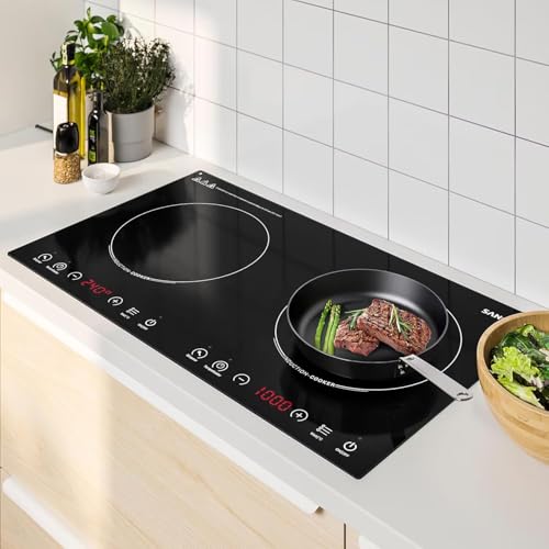 SANGKEE Parrilla Estufa Eléctrica de Inducción 2 Quemadores, Diseño Integrado con Panel de Control Táctil y LCD, Empotrable, Potencia y Temperatura Múltiples, Temporizador de...