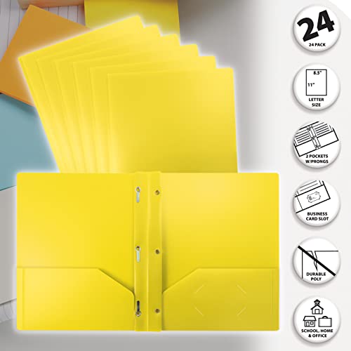 Image of Better Office Products Yellow Plastic 2 Pocket Folders with Prongs, Heavyweight, Letter Size Poly Folders, 24 Pack, with 3 Metal Prongs Fastener Clips, Yellow