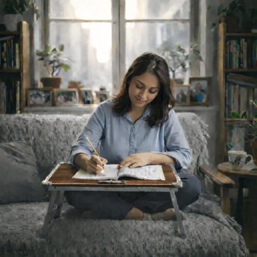 Image of YAJNAS Laptop Table for Bed Foldable & Height Adjustable | Portable Study Table for Students & Work from Home | Multipurpose Lap Desk for Writing Reading Office Home | Wooden Texture 15x26 Inch