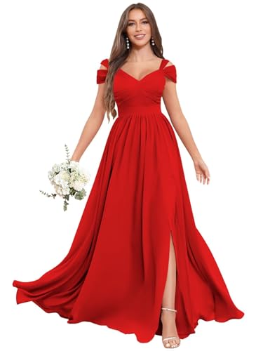 BOLENSYE Off The Shoulder Bridesmaid Dresses Long for Women with Slit Chiffon Formal Evening Gown