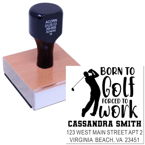 Image of Customized Golf Life Motto Wood Handle Address Stamp - Square Rubber Stamp | Golfer Gift Stamp. Traditional Rubber Stamp. Any standard pad works. Square imprint. Personalized to your text.