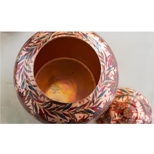 Image of INDIAN ART VILLA Red and Blue Floral Print Design Copper Water Dispenser Pot Matka, Storage, Home Garden, 13 liter